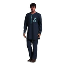 African Ethnic Print Batik Solid Color Men's Casual Suit Embroidered Long Sleeved and Pants Set
