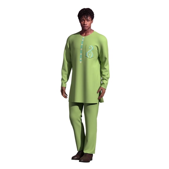 African Ethnic Print Batik Solid Color Men's Casual Suit Embroidered Long Sleeved and Pants Set