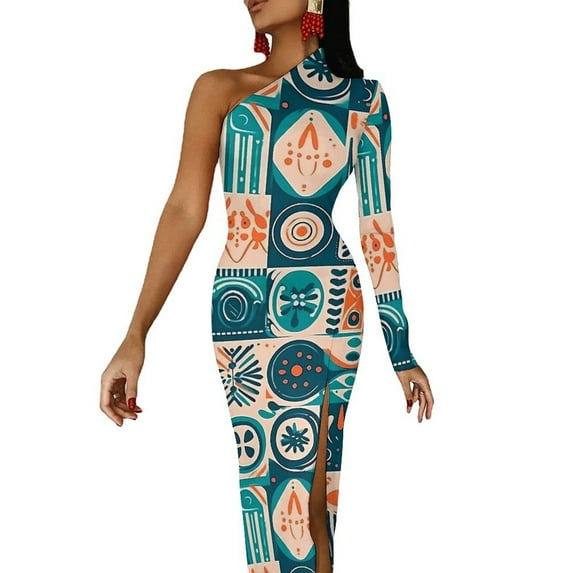 African Ethnic Print Bodycon Dress Autumn Kente Ghana Cute High Slit Long Dresses Long Sleeve Design Street Style Dress