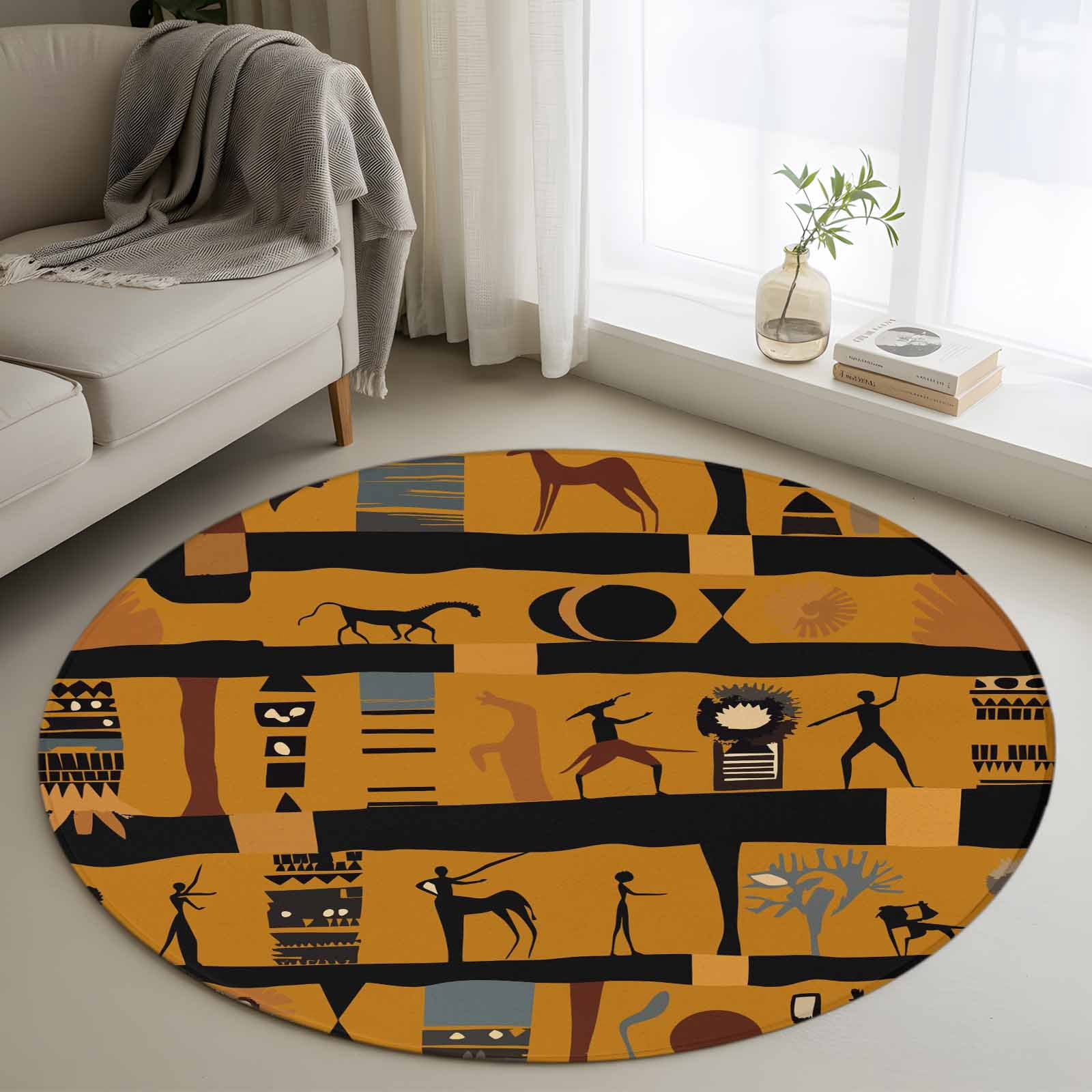 Social Area Rug African Ethnic Round Area Rug 3.3Ft Washable Circle Rugs for Dining ...
