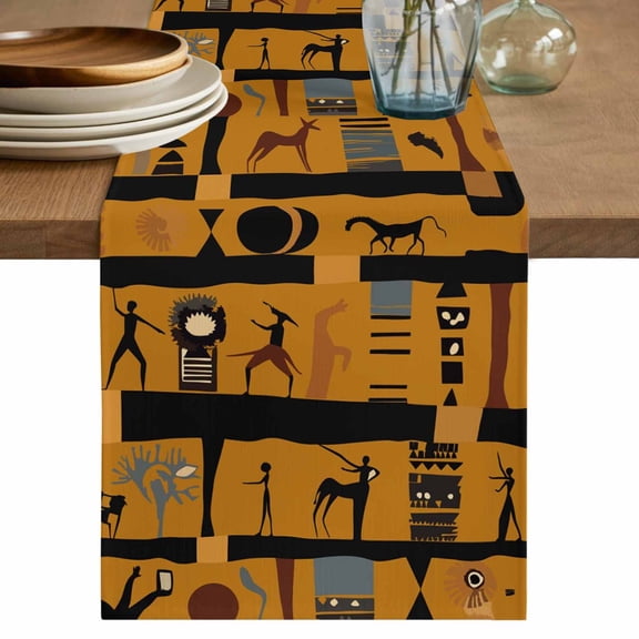 African Ethnic Table Runner, Vintage Ethnic Tribes Richness Brown Washable Cotton Linen Table Runners 36 Inches Long, Dresser Scarf Runner for Nightstand/End Tables/Round Tables 13''x36''