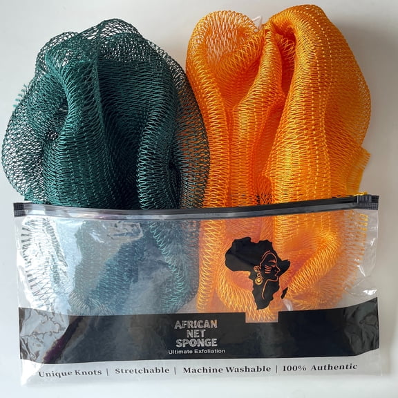 African Exfoliating Mesh Sponge Set - 2-Piece Pack With Knotted Cucumber Sponge.