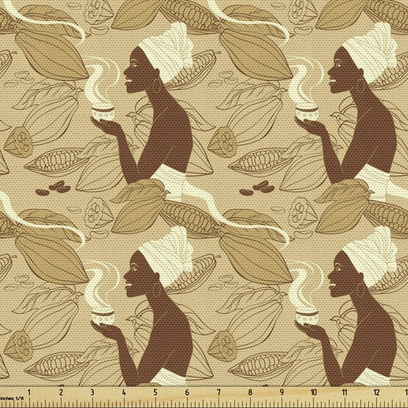 Ambesonne African Fabric by the Yard Upholstery, Woman Holding Cup of Coffee, 10 Yards, Sand Brown and Redwood