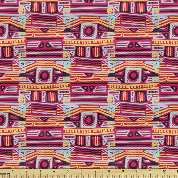 African Fabric by the Yard Upholstery, Colorful Bohemian Streaks Oriental Feels Repetitive Forms and Shapes, Decorative Fabric for DIY and Home Accents, Magenta Orange and Blue by Ambesonne