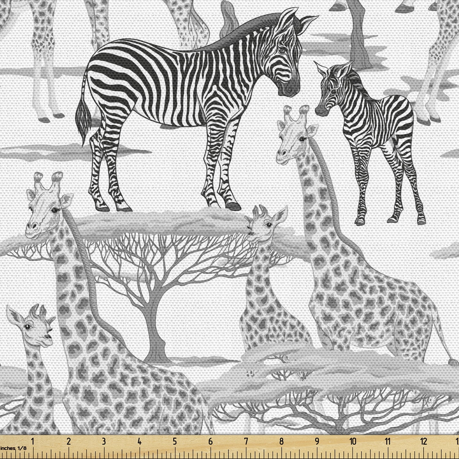 Ambesonne African Fabric by the Yard Upholstery Zebras Giraffes and Trees 2 Yards Grey and White Walmart