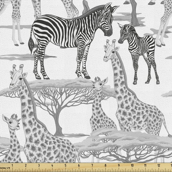 African Fabric by the Yard Upholstery, Wild Life Safari Themed Printing of Zebras Giraffes and Umbrella Thorn Trees, Decorative Fabric for DIY and Home Accents, Grey and White by Ambesonne