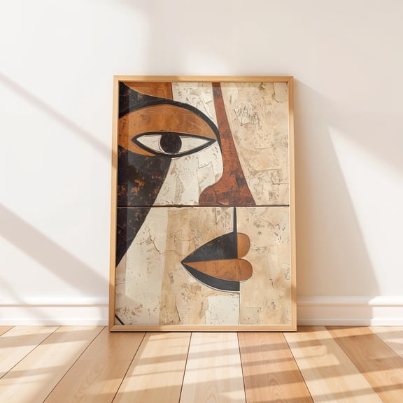 African Face Art Modern Tribal Geometric Wall Decor Mid Century Neutral Palette, Unframed Canvas