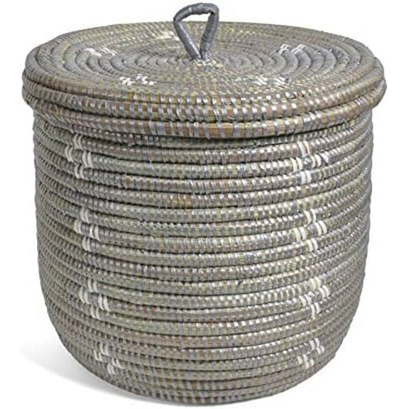 African Fair Trade Flowers Pattern Small Handwoven Lidded Basket, Silver/White$$Home Decor, Kitchen, & Other
