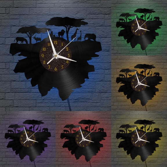 African Fauna Decoration Vinyl Wall Clock, Vinyl Record Clock Wall Art Silent & Non-ticking(12 inchs C-LED)