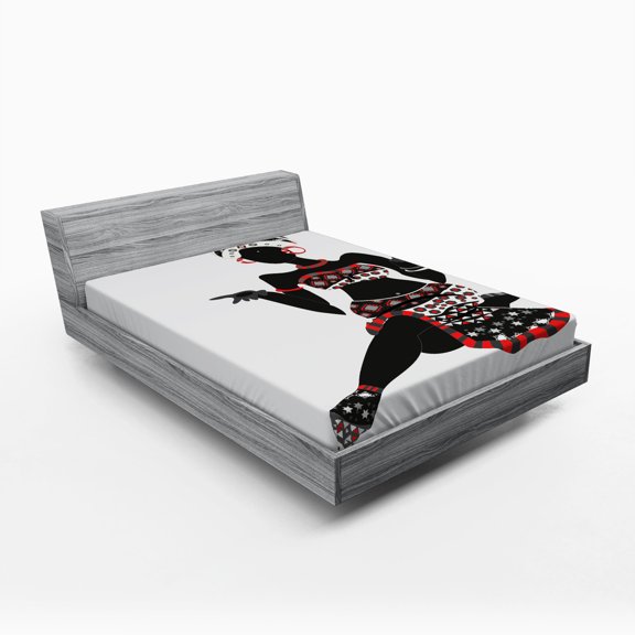 African Fitted Sheet, Local Lady Indigenous Patterned Dress Gesture Silhouette, Soft Decorative Fabric Bedding, Queen Size, Charcoal Grey Vermilion, by Ambesonne