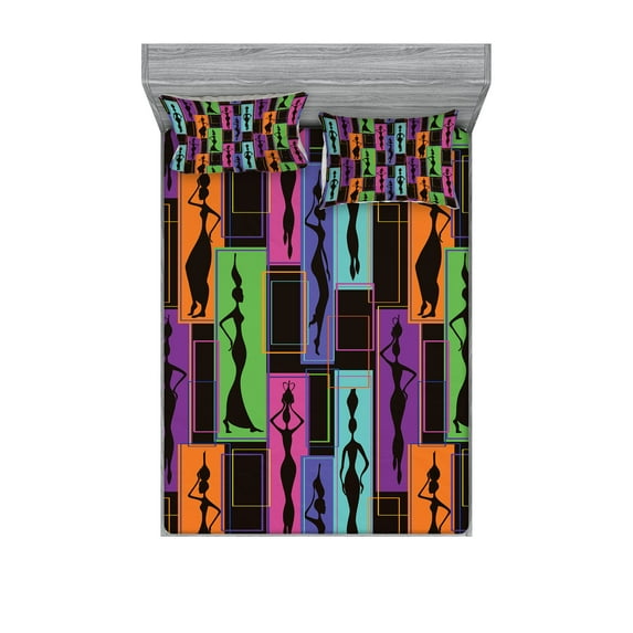 African Fitted Sheet & Pillow Sham Set, Colorful Abstract Geometric Pattern Frames with Women Carrying Vases on Heads, Decorative Printed 6 Piece Bedding Decor Set, Full, Multicolor, by Ambesonne