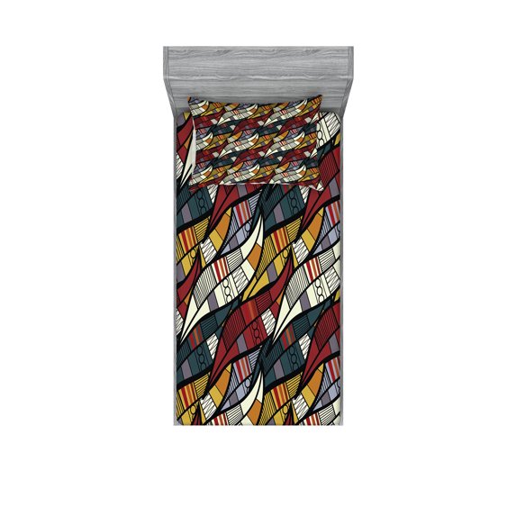 African Fitted Sheet & Pillow Sham Set, Diagonal Abstract Leaves with Circles Chevrons Lines Traditional Cultural Heritage, Decorative Printed 4 Piece Bedding Decor Set, Twin, Multicolor, by Ambesonne