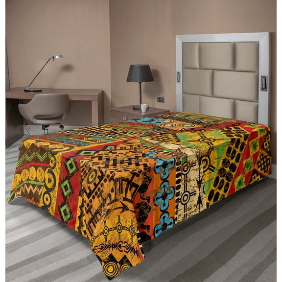 African Flat Sheet, Grunge Collage Motifs Traditional Art Ornate Geometric, Soft Comfortable Top Sheet Decorative Bedding 1 Piece, TwinXL Size, Multicolor, by Ambesonne