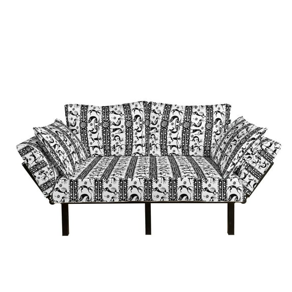 African Futon Couch, Dancing Oriental Ornate Design Elements Folkloric Vintage Design, Daybed with Metal Frame Upholstered Sofa for Living Dorm, Loveseat, Black White, by Ambesonne