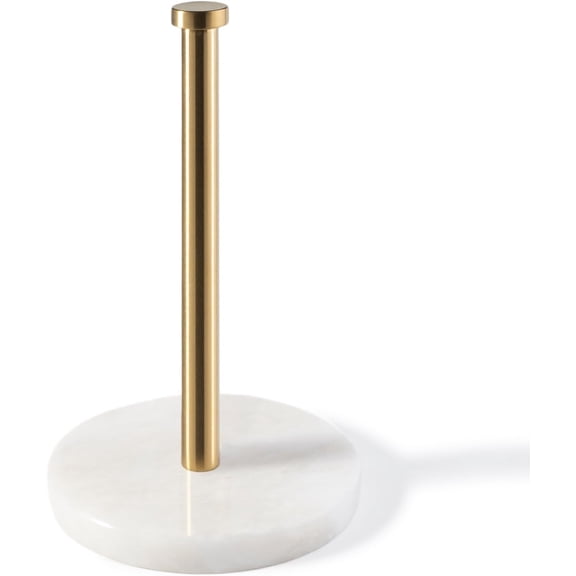 African Genuine Marble Paper Towel Holder Countertop, 6" Stone Base Gold Rod Paper Towel Holder Stand for Kitchen Storage, for Standard or Jumbo-Sized Rolls