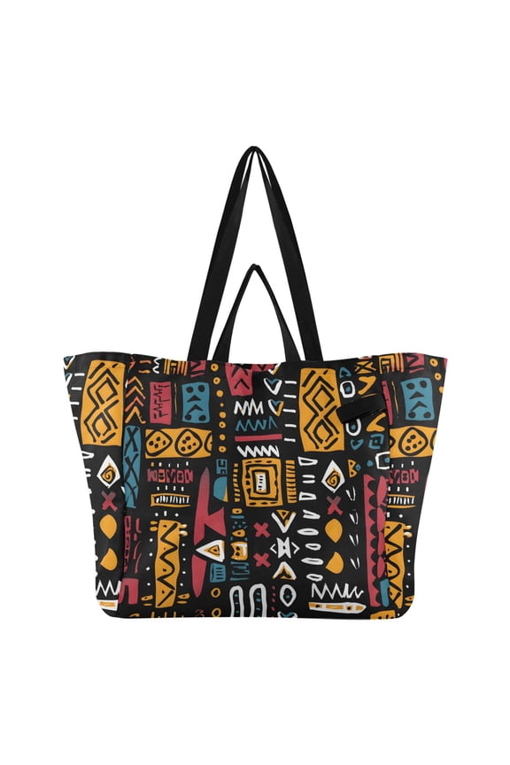 African Geometric Print Foldable Canvas Tote Bags Reusable Grocery Bags Laundry Bags Beach Bag 32L