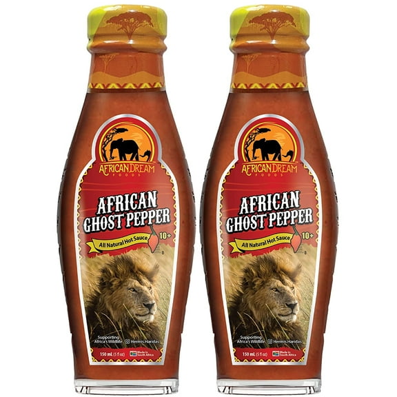 African Ghost Pepper Hot Sauce by African Dream Foods | All Natural Thick Bhut Jolokia Chilis with Seeds | Made in Africa | 5 fl oz Glass Bottle | 2-Pack