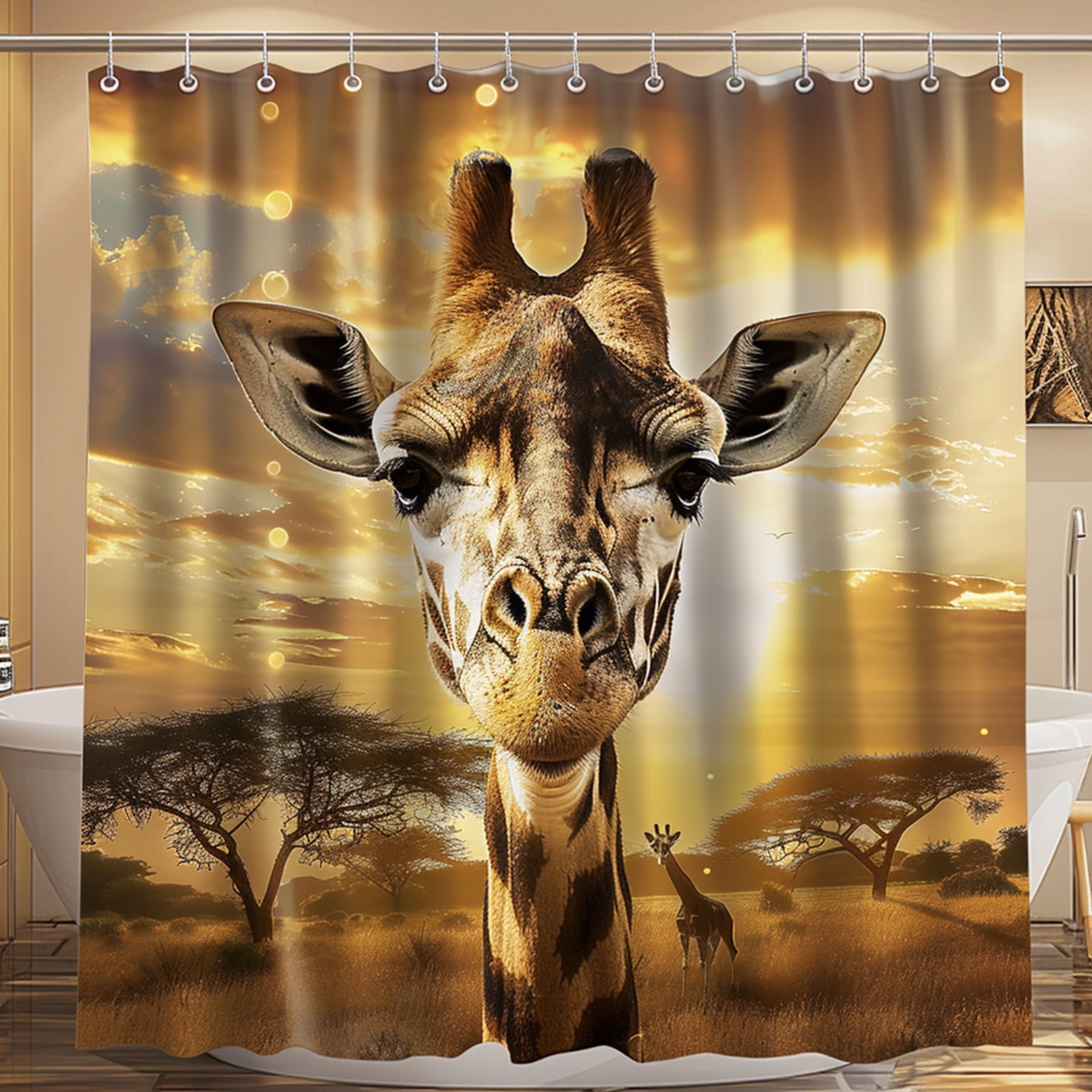 African Giraffe Safari Shower Curtain with Acacia Trees and Golden