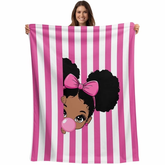 African Girl Blanket Soft Cozy Warm Twin Blanket for Bed, Plush Fuzzy Flannel Fleece Blankets for Sofa, Afro American Black Girl with Bubble Pink Stripes Throw Blankets for Couch Gifts, 60"x80"