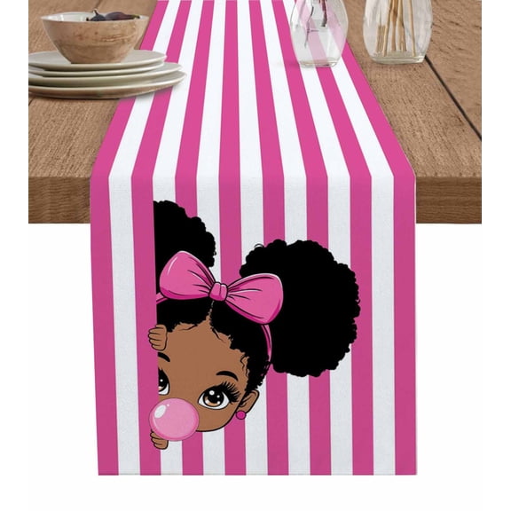 African Girl Burlap Cotton Table Runner 13x36 Inches Short, Afro American Black Girl with Bubble Pink Stripes Farmhouse Table Runners, Outdoor Dining Tablecloths Decor for Baby Shower/Party/Wedding