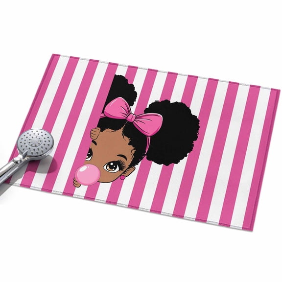 African Girl Entryway Rug 2x3ft Washable Non Slip Bathroom Rug Indoor Floor Front Door Mat Afro American Black Girl with Bubble Pink Stripes Rectangle Area Rugs Carpet for Kitchen Office Dining Room