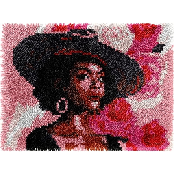 African Girl and Flowers Easy DIY Latch Hook Rug Kits DIY Tapestry Crochet Hooking Mat Making Kits With Printed Pattern Canvas Needlework Kits 52x38cm n-77)