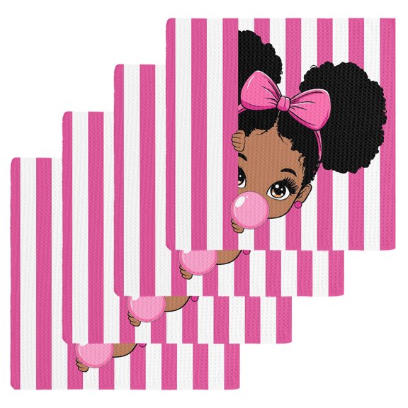 African Girl Kitchen Dish Towels for Drying Dishes Set of 4, Afro American Black Girl with Bubble Pink Stripes Waffle Weave Microfiber Hand Tea Bathroom Towels Quick Dry & Absorbent Towel 12x12