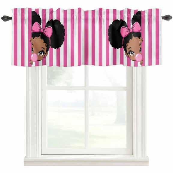 African Girl Kitchen Valances for Windows, Afro American Black Girl with Bubble Pink Stripes Bathroom Window Valances 60x18 Inch Window Treatments Valance Curtains for Living Room Bedroom Decor
