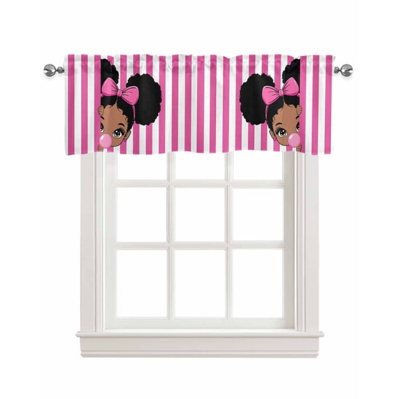 African Girl Kitchen Valances for Windows Farmhouse Linen Window Valance Curtain for Living Room Window Treatment Afro American Black Girl with Bubble Pink Stripes Valance Rod Pocket, 42 x 12 Inch