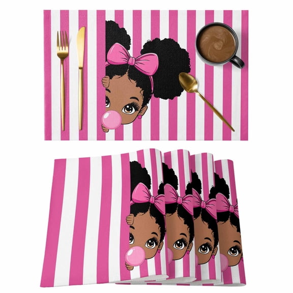 African Girl Placemats Set of 12 Afro American Black Girl with Bubble Pink Stripes Place Mats Indoor Wipeable Table Mats Washable Dining Table Placemats for Kitchen Holiday Party Decor 13x19 Inch