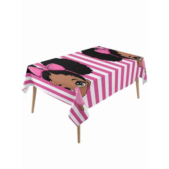 African Girl Table Cloth, Waterproof Tablecloth for Rectangle Tables, Afro American Black Girl with Bubble Pink Stripes Washable Fabric Table Cover for Restaurant Kitchen Dining Tables 60"x120"