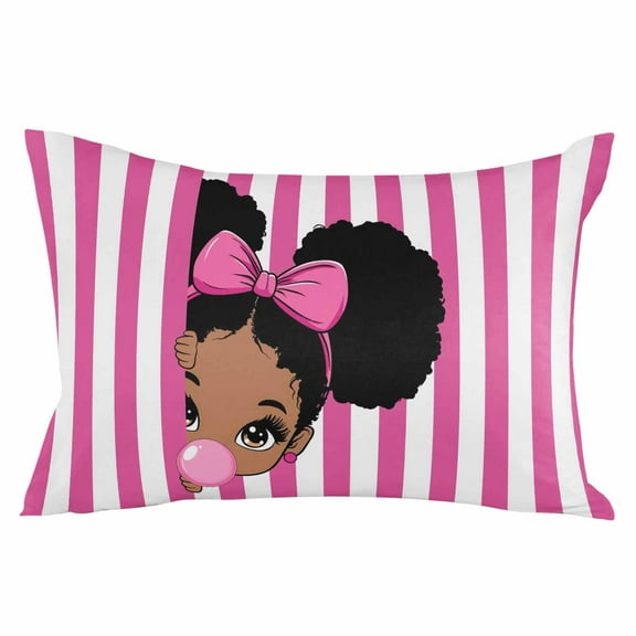 African Girl Throw Pillow Cover 20 x 36 Inch Decorative Pillow Cover Afro American Black Girl with Bubble Pink Stripes Lumbar Pillowcase Seasonal Rectangle Cushion Case for Couch Sofa Bed Living Room