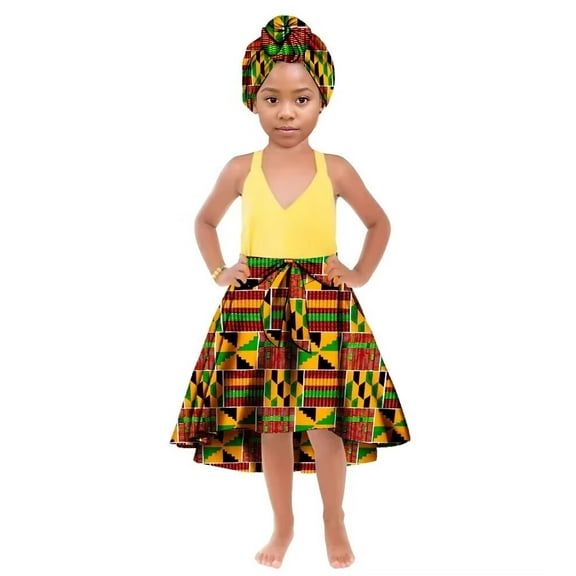 African Girl's Clothes Long Ankala Print Skirt with Headscarf Children Clothing