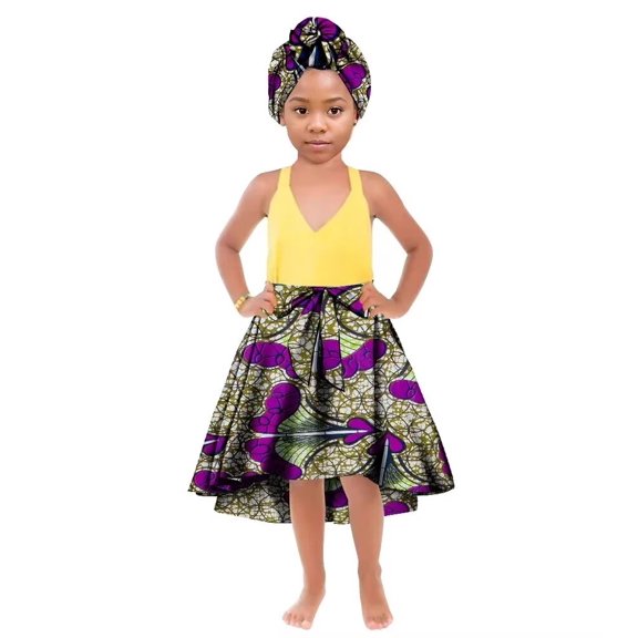 African Girl's Clothes Long Ankala Print Skirt with Headscarf Children Clothing