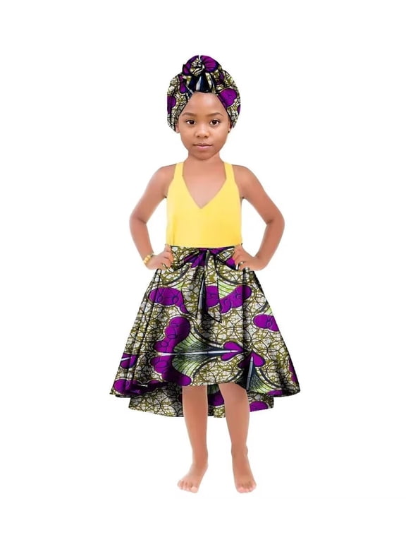 African Girl's Clothes Long Ankala Print Skirt with Headscarf Children Clothing