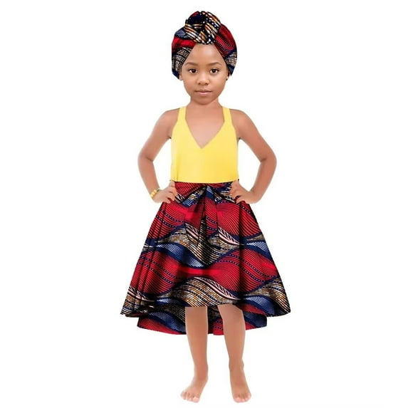 African Girl's Clothes Long Ankala Print Skirt with Headscarf Children Clothing