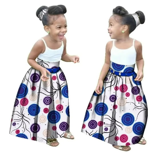 African Girl's Wax Print Skirts with Head Band Bohemian Ankara High Waist Long Skirt for Kids Girl Kente Clothes