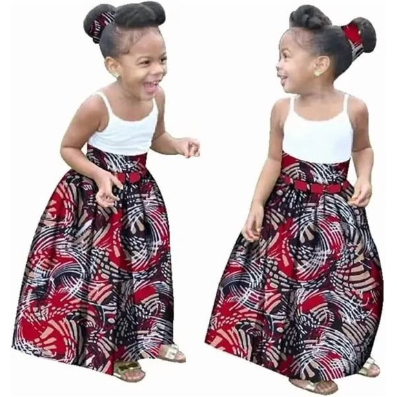 African Girl's Wax Print Skirts with Head Band Bohemian Ankara High Waist Long Skirt for Kids Girl Kente Clothes