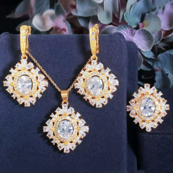 African Gold Color Green CZ Stone Earring 3pc Set for Brides Jewelry Accessories