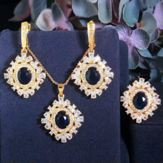 African Gold Color Green CZ Stone Earring 3pc Set for Brides Jewelry Accessories