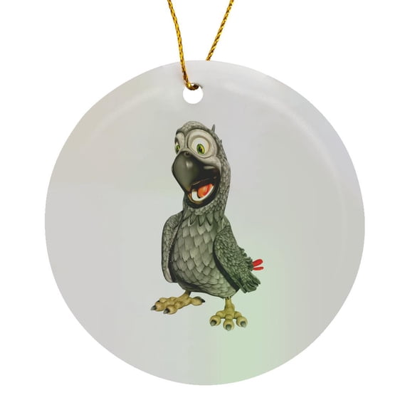 3drose, African Grey Cartoon Parrot with Happy Pose, Circle Porcelain Ornament