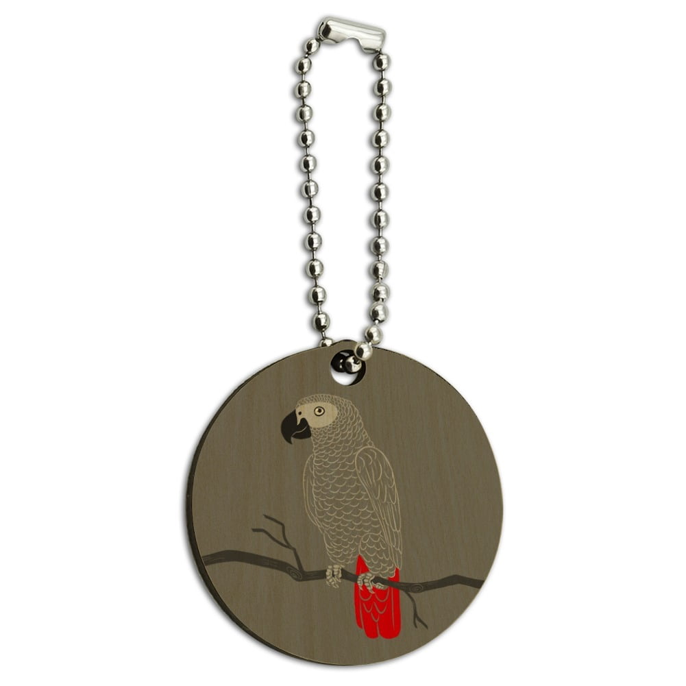 African Grey Parrot Bird Pet Wood Wooden Round Keychain Key Chain Ring ...