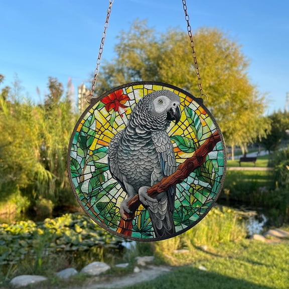 African Grey Parrot Glass Suncatcher, Exotic Bird Window Art, Special for Women, 3.5 in