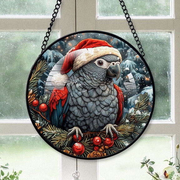 African Grey Parrot Ornament Christmas 2025, African Grey Parrot Stained Glass Hanging Window Decoration Unique Glass Panel for Natural Light Display