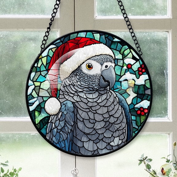 African Grey Parrot Ornament Christmas 2025, African Grey Parrot Stained Glass Sun Catcher Artistic Hanging Window Decor, Perfect Gift for Animal Lovers
