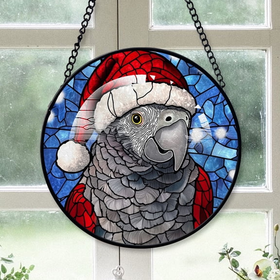 African Grey Parrot Ornament Christmas 2025, African Grey Parrot Stained Glass Window Panel Decorative Hanging Glass Art for Home or Garden
