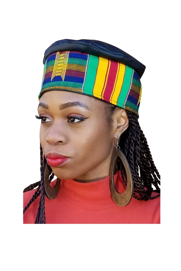 African Hand Woven Kente Kufi Hat with Faux Leather