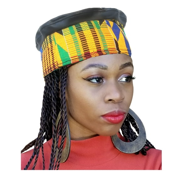 African Hand Woven Kente Kufi Hat with Faux Leather