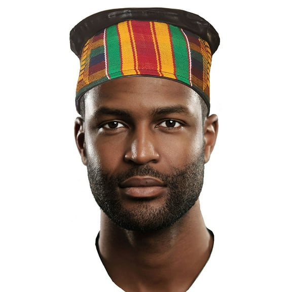 African Hand Woven Kente Kufi Hat with Faux Leather