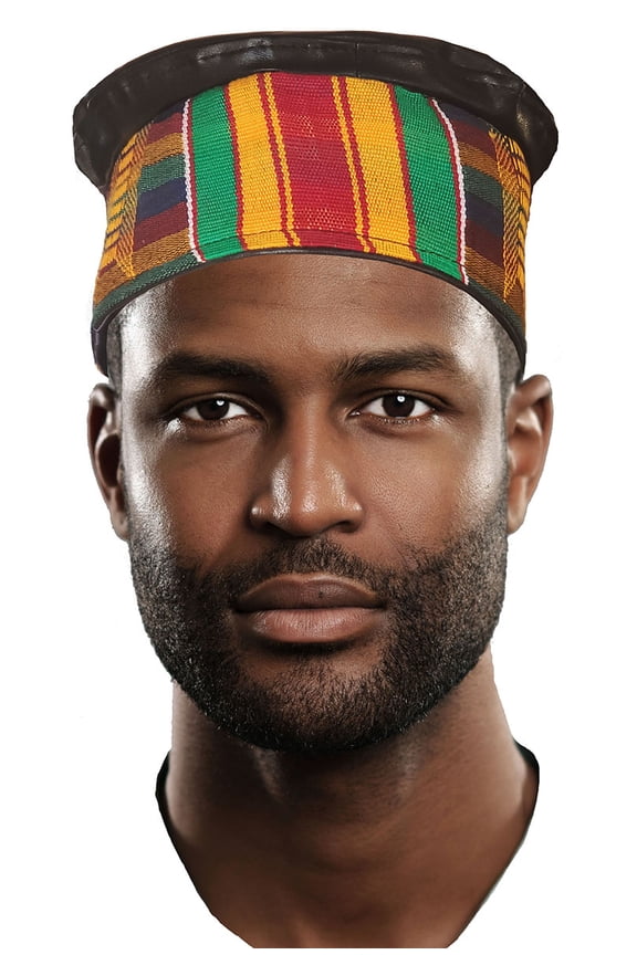 African Hand Woven Kente Kufi Hat with Faux Leather
